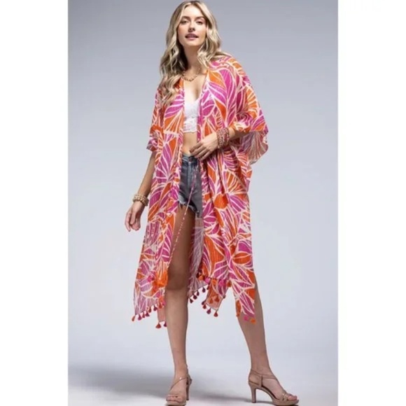Chelsea Metallic Stripe Palm Leaf Tropical Coverup Open Wrap Kimono Top One Size - Picture 7 of 7